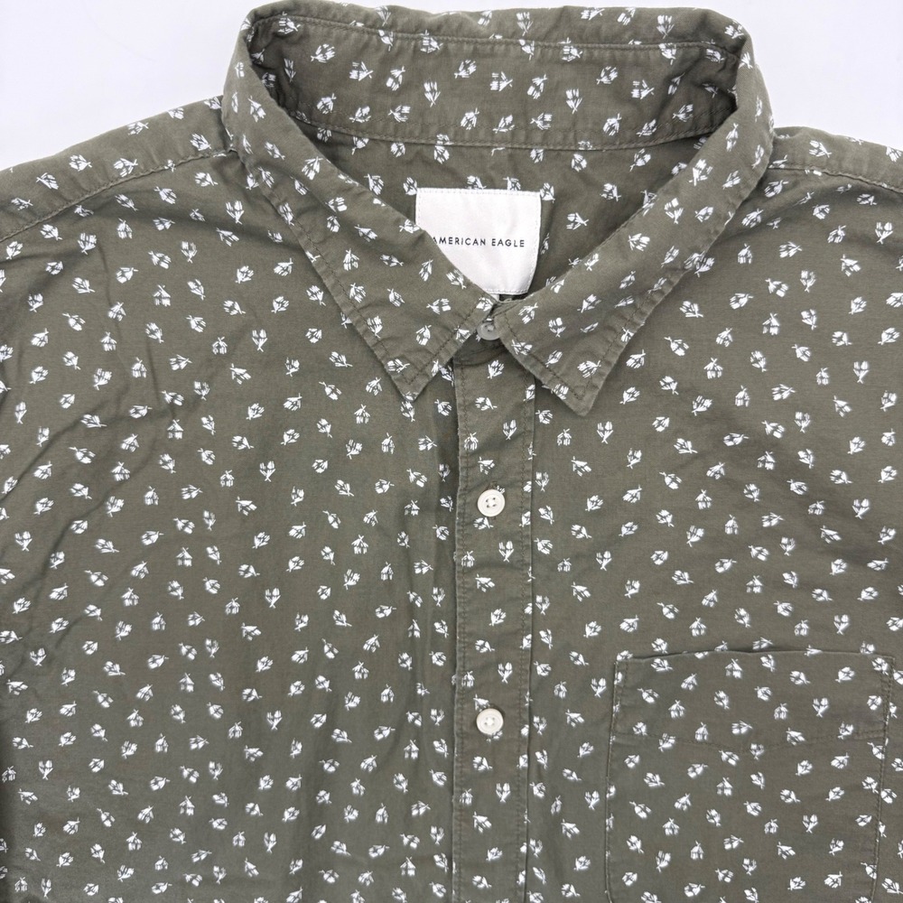 American Eagle Button Down Shirt Men XL Olive Floral Short Sleeve Cotton Casual